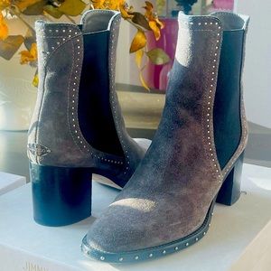 Jimmy Choo Size 8.5 Grey Suede Heeled Boots
